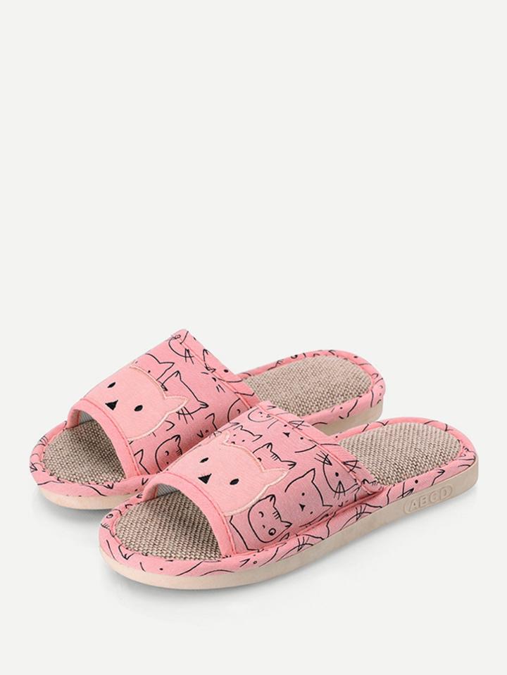 Romwe Cat Pattern Embroidered Detail Slippers
