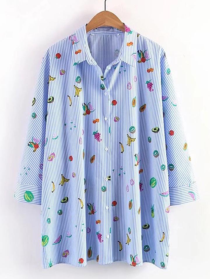Romwe Fruit Print Vertical Striped Longline Blouse