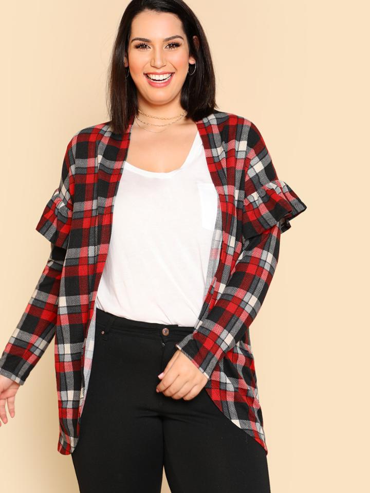 Romwe Ruffle Sleeve Curved Open Front Jersey Cardigan