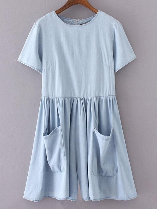 Romwe Blue Short Sleeve Pockets Zipper Denim Jumpsuit