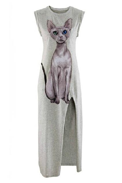 Romwe Romwe Cat Print Split Sleeveless Grey Dress