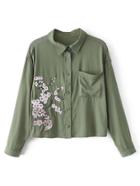 Romwe Flower Embroidery Front Pocket Blouse