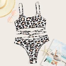 Romwe Leopard Strappy Top With Cheeky Bikini Set