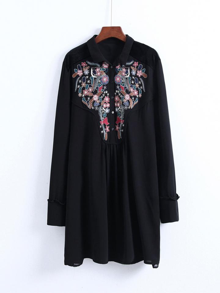 Romwe Flower Embroidered Shirt Dress