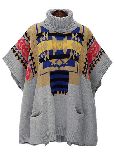 Romwe Turtleneck Geometric Print Pockets Sweater