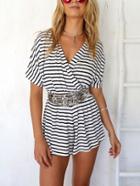 Romwe White Striped Surplice Front Romper