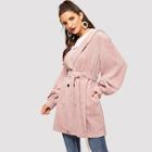 Romwe Double Breasted Front Tie Waist Corduroy Hooded Coat
