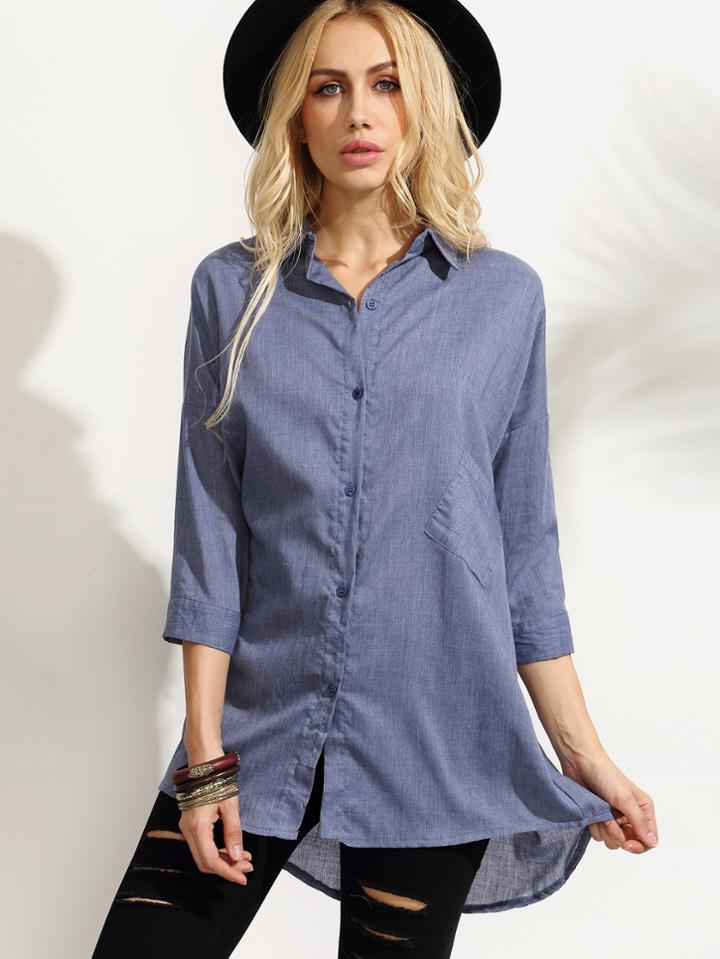 Romwe Blue Denim Style Drop Shoulder Blouse