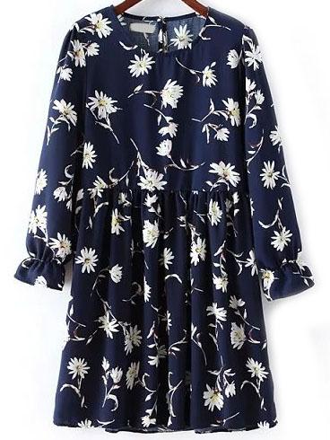 Romwe Flower Print Pleated Dress