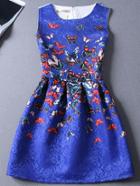 Romwe Butterfly Print Jacquard Blue A-line Dress