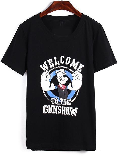 Romwe Popeye Print Black T-shirt