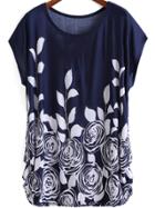 Romwe Blue White Round Neck Floral Loose Dress