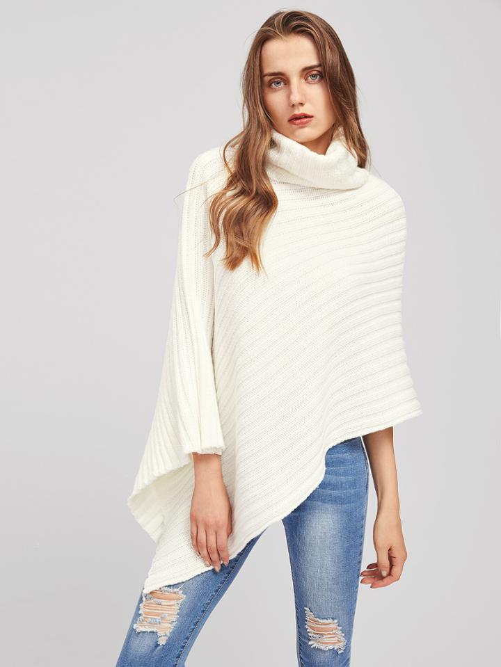 Romwe Rib Knit Asymmetric Poncho Jumper