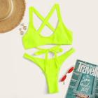 Romwe Neon Lime Lace-up Top With Cheeky Bikini Set