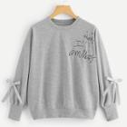 Romwe Letter Embroidered Knot Sleeve Sweatshirt