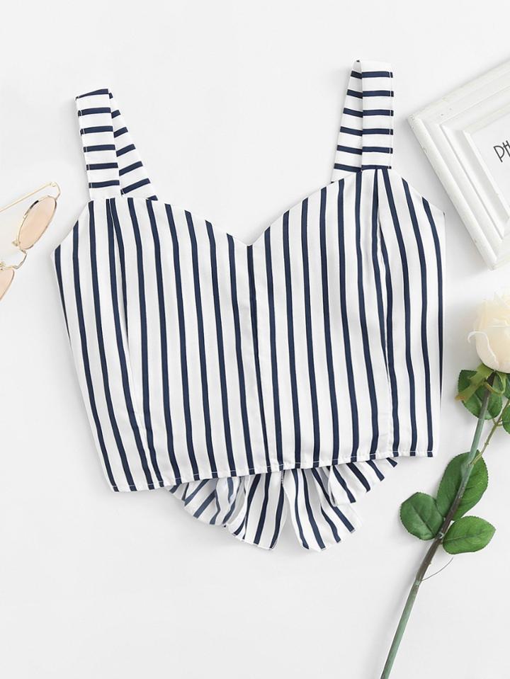 Romwe Bow Back Striped Crop Top