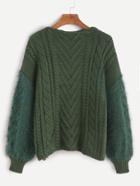 Romwe Green Drop Shoulder Fuzzy Sleeve Cable Knit Sweater