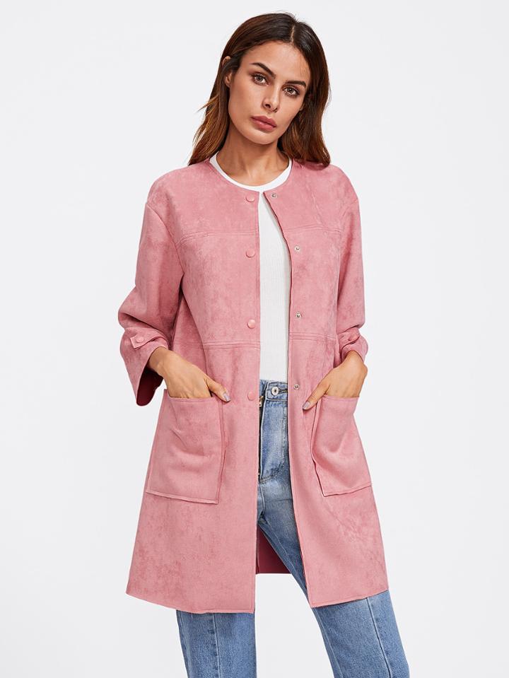 Romwe Patch Pocket Front Suede Coat