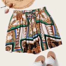 Romwe Plus Drawstring Waist Scarf Print Shorts