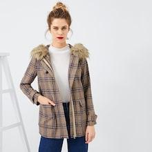 Romwe Faux Fur Contrast Plaid Coat