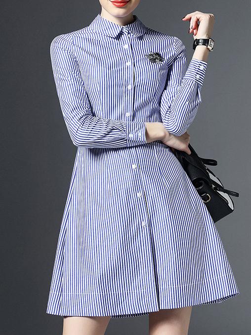 Romwe Blue White Lapel Striped A-line Dress