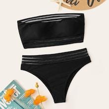 Romwe Mesh Panel Bandeau Bikini Set