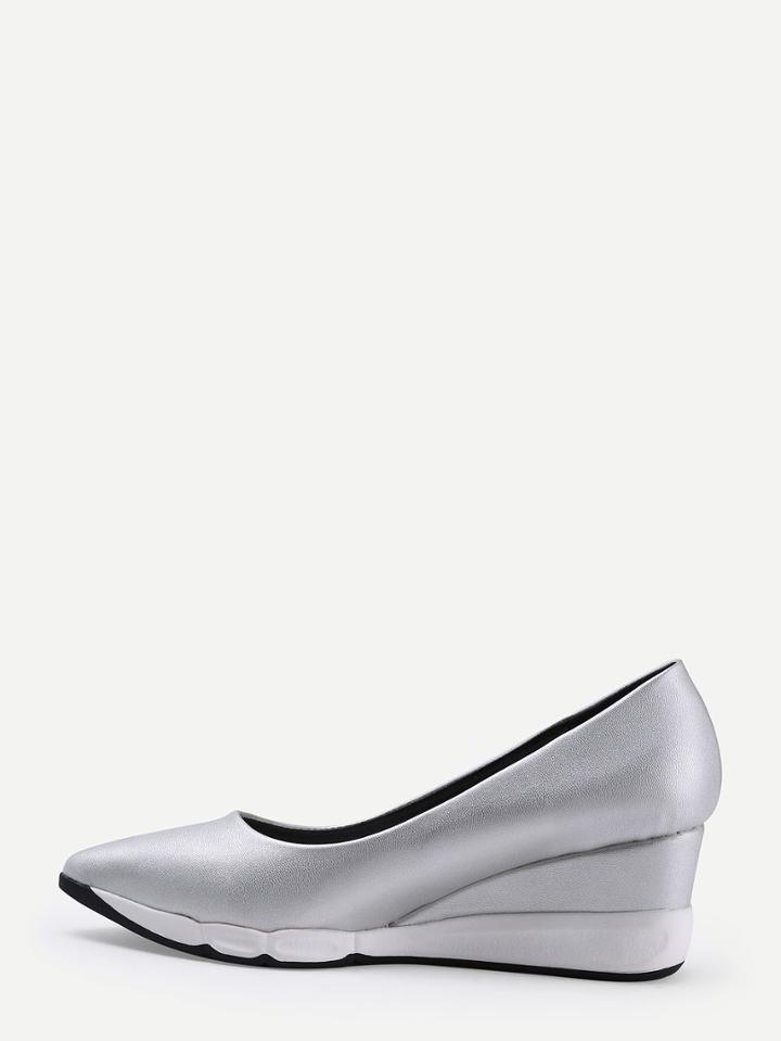 Romwe Silver Faux Leather Pointed Out Platform Pumps