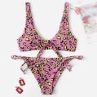 Romwe Leopard Knot Front Top With Tie Side Bikini