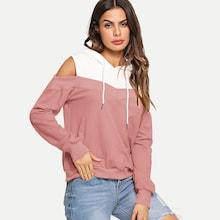 Romwe Cold Shoulder Colorblock Drawstring Hoodie