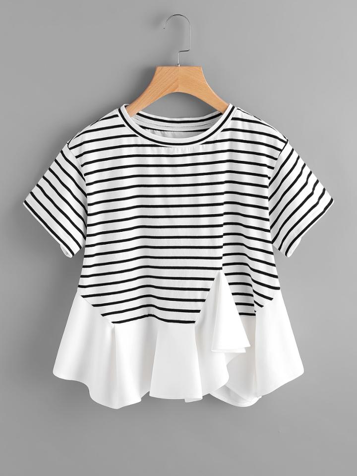Romwe Asymmetric Ruffle Trim Striped Tee