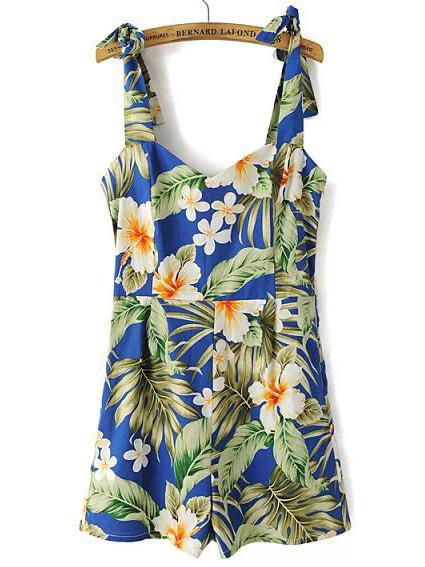 Romwe Cami Straps Leaf Print Tie Detail Playsuit