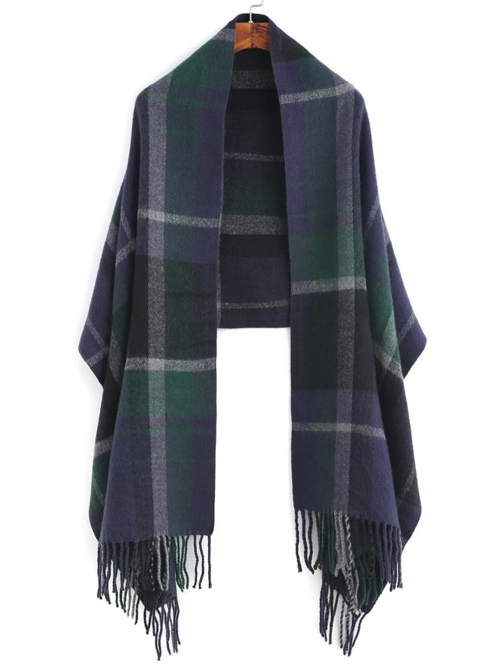 Romwe Navy And Green Plaid Fringe Edge Shawl Scarf