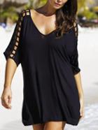 Romwe Double V-neck Caged Sleeve Oversized Dress - Black