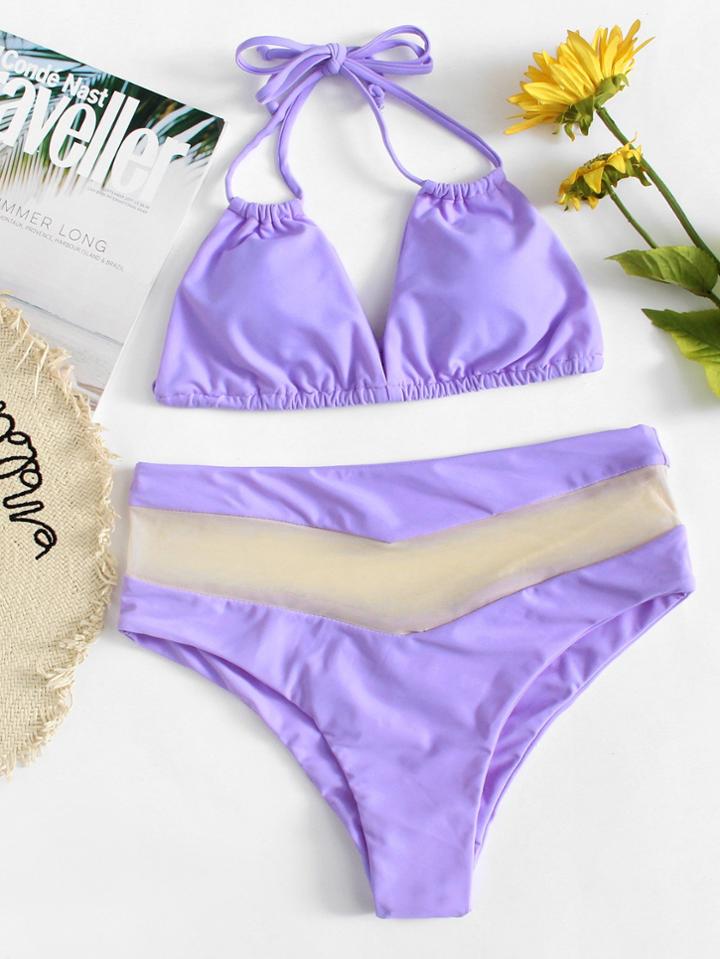Romwe Mesh Panel Bikini Set