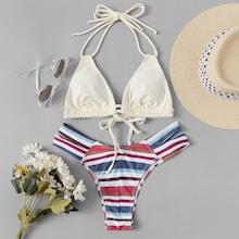 Romwe Self Tie Triangle Top With Striped High Leg Bikini