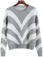 Romwe Round Neck Striped Grey And White Sweater