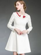 Romwe White Round Neck Long Sleeve Beading Dress