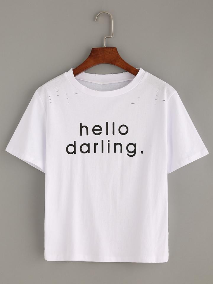 Romwe White Ripped Letters Print T-shirt