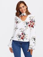 Romwe Flower Print Choker Neck Fluted Sleeve Top