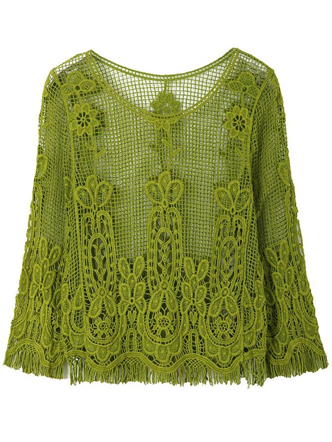 Romwe Green Lace Crochet Cropped Blouse
