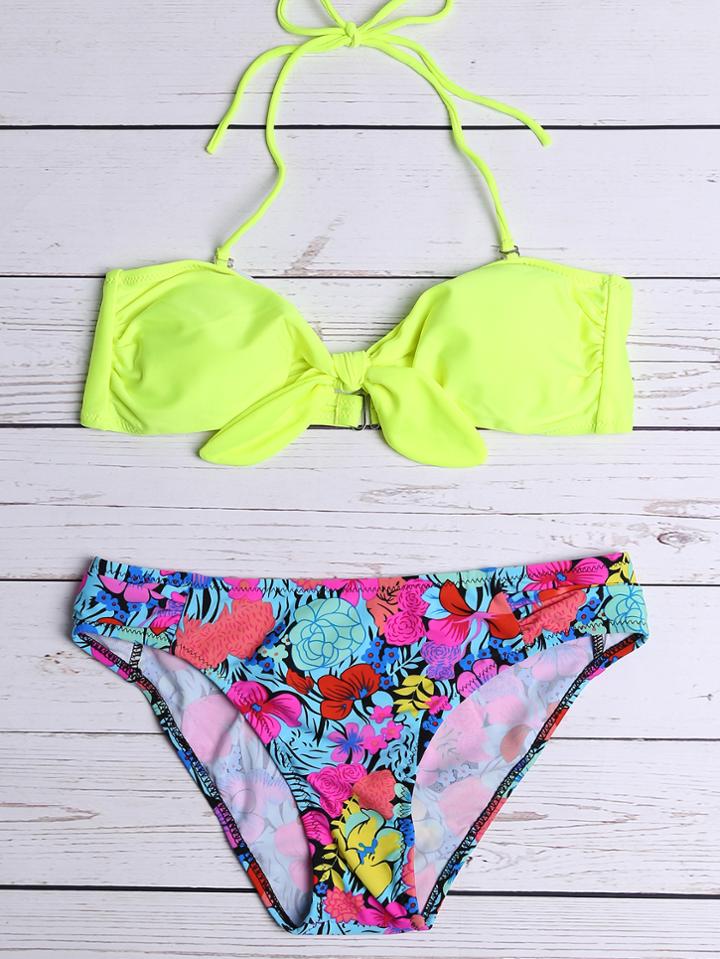 Romwe Neon Yellow Floral Print Bow Bikini Set