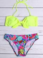 Romwe Neon Yellow Floral Print Bow Bikini Set