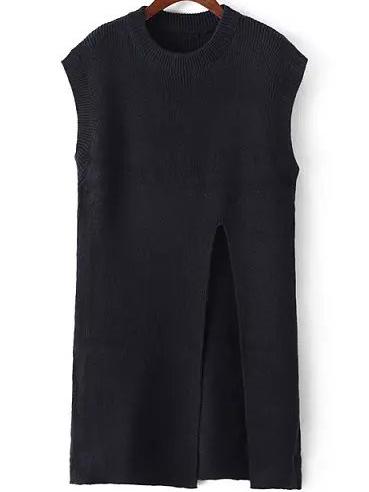 Romwe Black Round Neck Split Knit Sweater