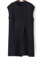 Romwe Black Round Neck Split Knit Sweater