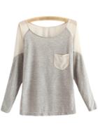 Romwe Light Grey Scoop Neck Pocket Chiffon Splicing T-shirt