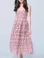 Romwe Pink Backless Crochet Hollow Out Dress