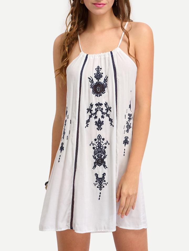 Romwe Drawstring Neck Embroidery Cami Dress