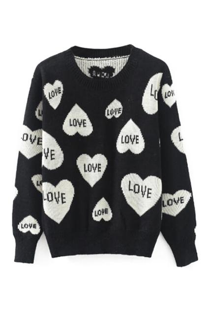 Romwe Hearts Knitted Black Jumper