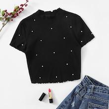 Romwe Lettuce Trim Pearl Beading Crop Tee