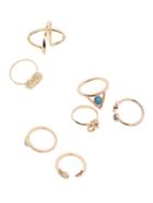 Romwe Gold Triangle Turquoise And Elephant 7pcs Rings